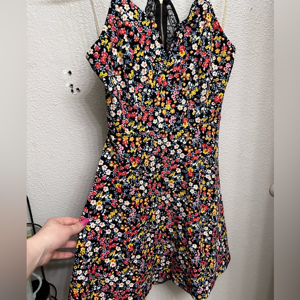 No Boundaries Multicolor Floral Open-Back Mini Dress w/ Lace Accent